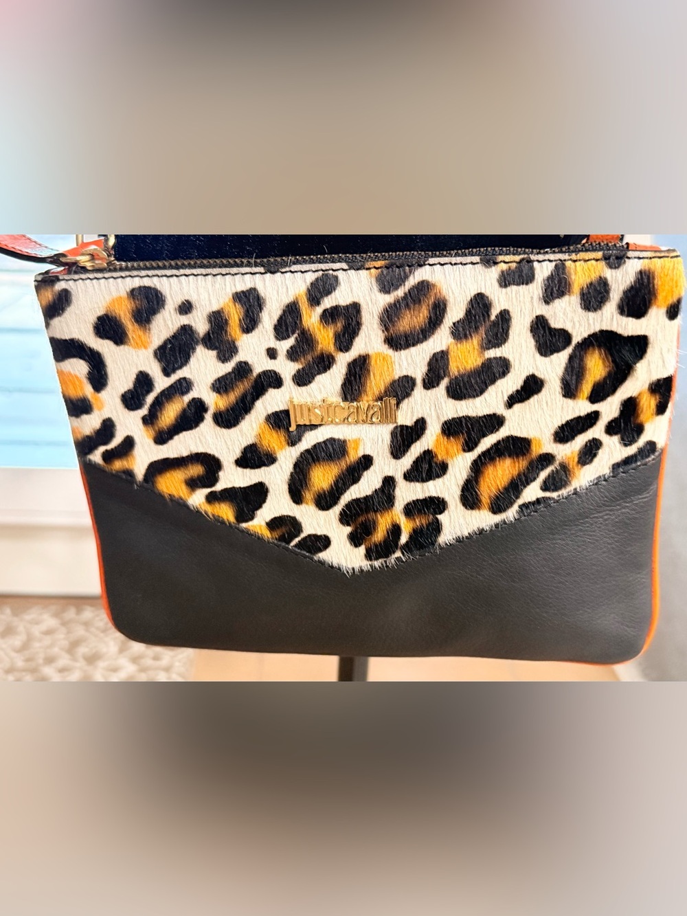 Just Cavalli Leopard Calf Hair & White Leather Crossbody Clutch. Dust bag incl.